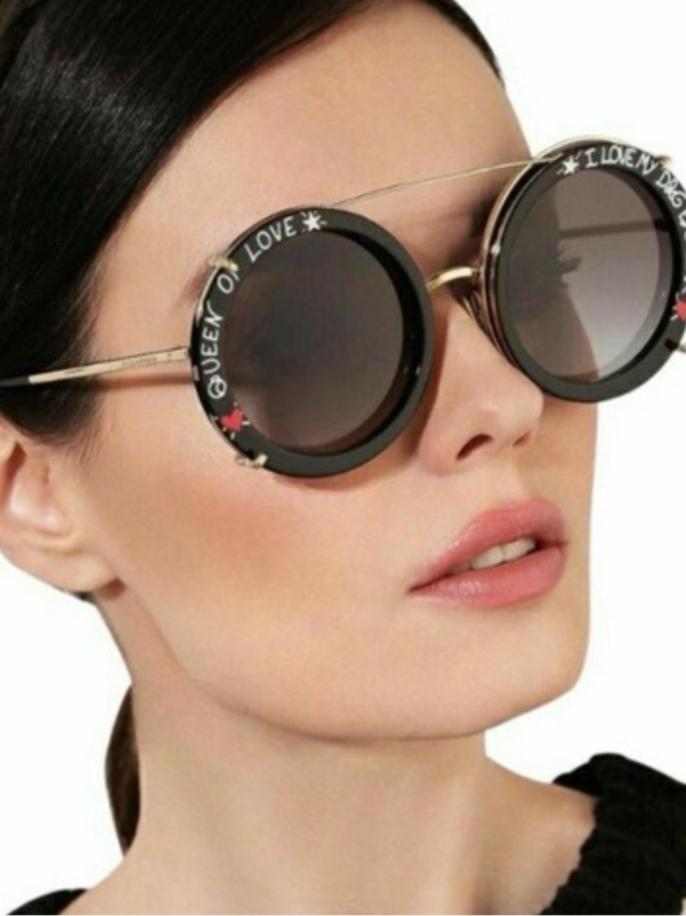New Dolce & Gabbana Black Round 'Queen of Love' Sunglasses with Gold Temples